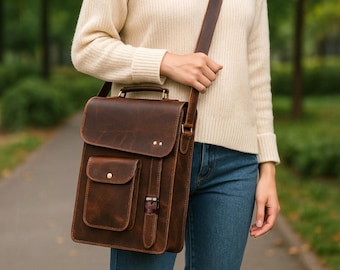 Personalised Leather Messenger Bag, Laptop Case Office Briefcase, Gift for Men Distressed Shoulder Bag Crossbody Satchel, Vintage Casual Bag