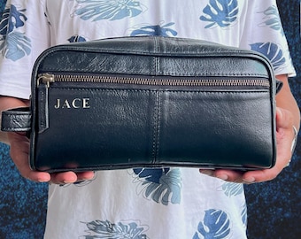 Personalized Leather Dopp Kit: Genuine Black Leather Toiletry Travel Bag, Cosmetic Bag, Groomsmen Gift, Gift for Boyfriend, Father Day Gift