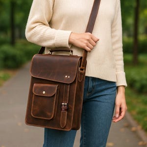 Personalised Leather Messenger Bag, Laptop Case Office Briefcase, Gift for Men Distressed Shoulder Bag Crossbody Satchel, Vintage Casual Bag