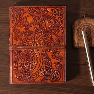 Personalized Wild Wolf Leather Journal Spell book Book of Shadows Grimoire Rustic Notebook Travel Diary sketchbook Gift for Witches, him/her