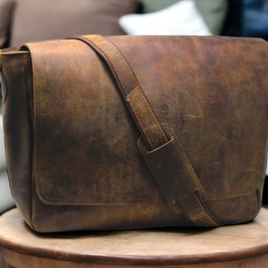 Personalized Handmade Genuine Leather Messenger Bag Laptop Bag Shoulder Bag for Men Gift for Men Office Bag Work Briefcase Large Rustic Bag image 1