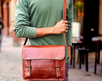13&quot; leather messenger bag laptop case office briefcase gift for men computer distressed shoulder bag