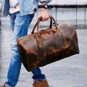 Sac de sport en cuir personnalisé, Bagage à main de voyage, Sac de sport pour la nuit, Sac de week-end, effet vieilli, Sac de sport en cuir de qualité supérieure marron pour homme