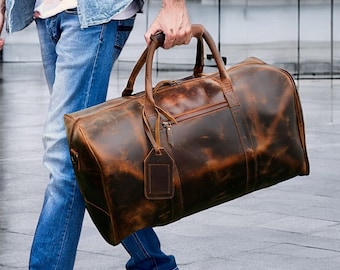 Personalized Leather Duffle Bag, Travel Carry-on Luggage, Overnight Gym  Bag, Weekender Bag, Distressed, Brown Premium Leather Duffle for Men