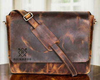 Personalized Leather Messenger Bag: Handmade Laptop Briefcase, Rustic Work Bag, Laptop Bag, Leather Shoulder Bag, Crossbody Office Bag