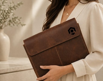 Leather Laptop Sleeve, Slim MacBook Cover, Monogram Gift, Personalised Minimalist Laptop Bag, Business Gift, Document Holder, Corporate Gift