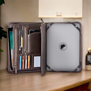 Personalizza il portadocumenti in pelle fatto a mano, organizzatore aziendale Padfolio con porta iPad, chiusura a cerniera, regalo di laurea, custodia per documenti