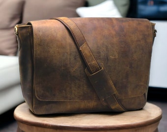 Personalized Handmade Genuine Leather Messenger Bag Laptop Bag Shoulder Bag for Men Gift for Men Office Bag Work Briefcase Large Rustic Bag