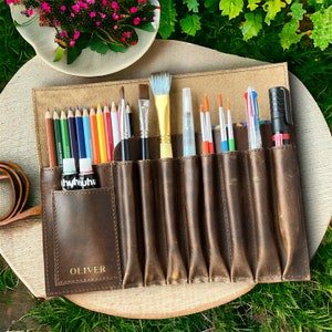 Astuccio per pennelli personalizzato, regalo per artista, astuccio arrotolabile, regali per pittore, astuccio in pelle, organizer in pelle per penne, porta pennelli