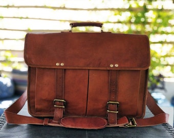 16" Leather Messenger Bag Laptop case Office Briefcase Gift for Men Computer Distressed Shoulder Bag