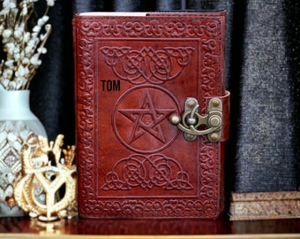 Personalised Leather Journal Star Emboss Pentagram Mystical Grimoire Blank Notebook Book of Shadow Magical Sketchbook Christmas Gift for Kid