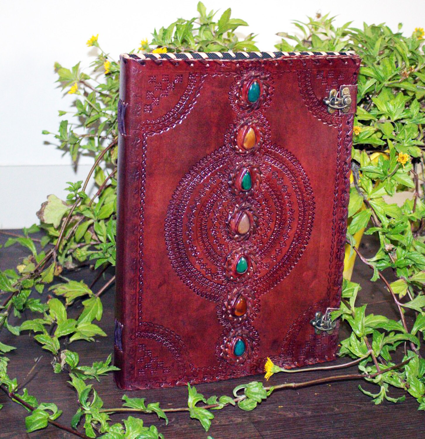 Personalized LARGE Leather Journal With Clasp 7 Stones Blank Etsy