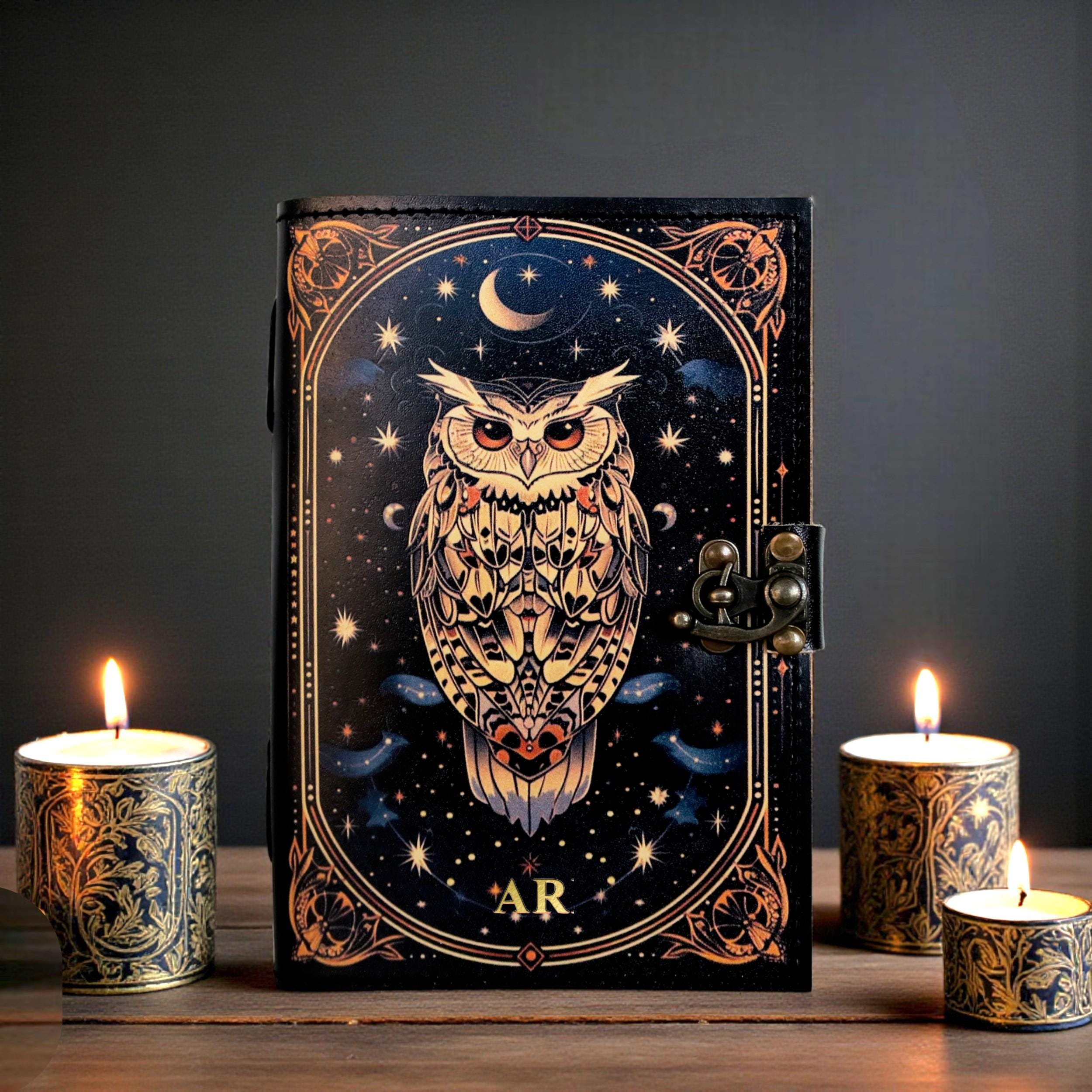 Personalized Owl Leather Journal, Fantasy Spellbook Diary, Dark Academia Book of Shadow, Handmade Wi