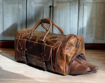 Personalized Leather Duffle Bag: Handmade Travel Weekender, Groomsmen Gift, Christmas Gift, Monogrammed Travel Bag, Leather Holdall, Gym Bag