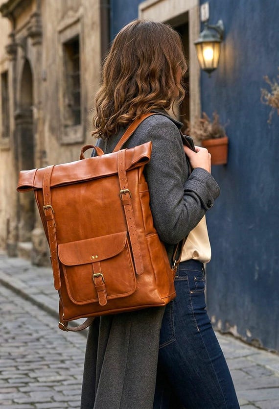 brown leather hipster backpack Personalized Brown Leather Backpack: Handmade Laptop Bag, Hiking Rucksack,  Unisex Bag, Christmas Gift, Travel Backpack, Roll Top Backpack
