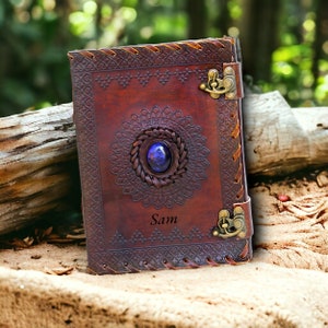 Personalized or Customized by Engraving letter or number on Blue stone leather journal with initials engraved using laser engraving. Gift for friend, wife, husband, witches. Business executive, Logbook, multipurpose Journaling or just a notebook.