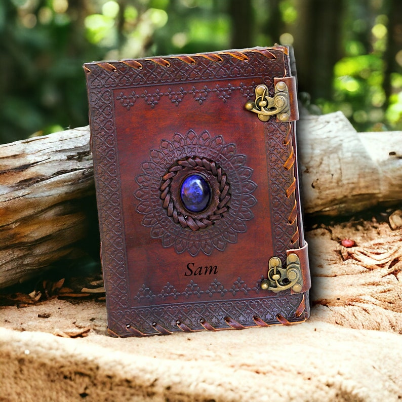 Personalized or Customized by Engraving letter or number on Blue stone leather journal with initials engraved using laser engraving. Gift for friend, wife, husband, witches. Business executive, Logbook, multipurpose Journaling or just a notebook.