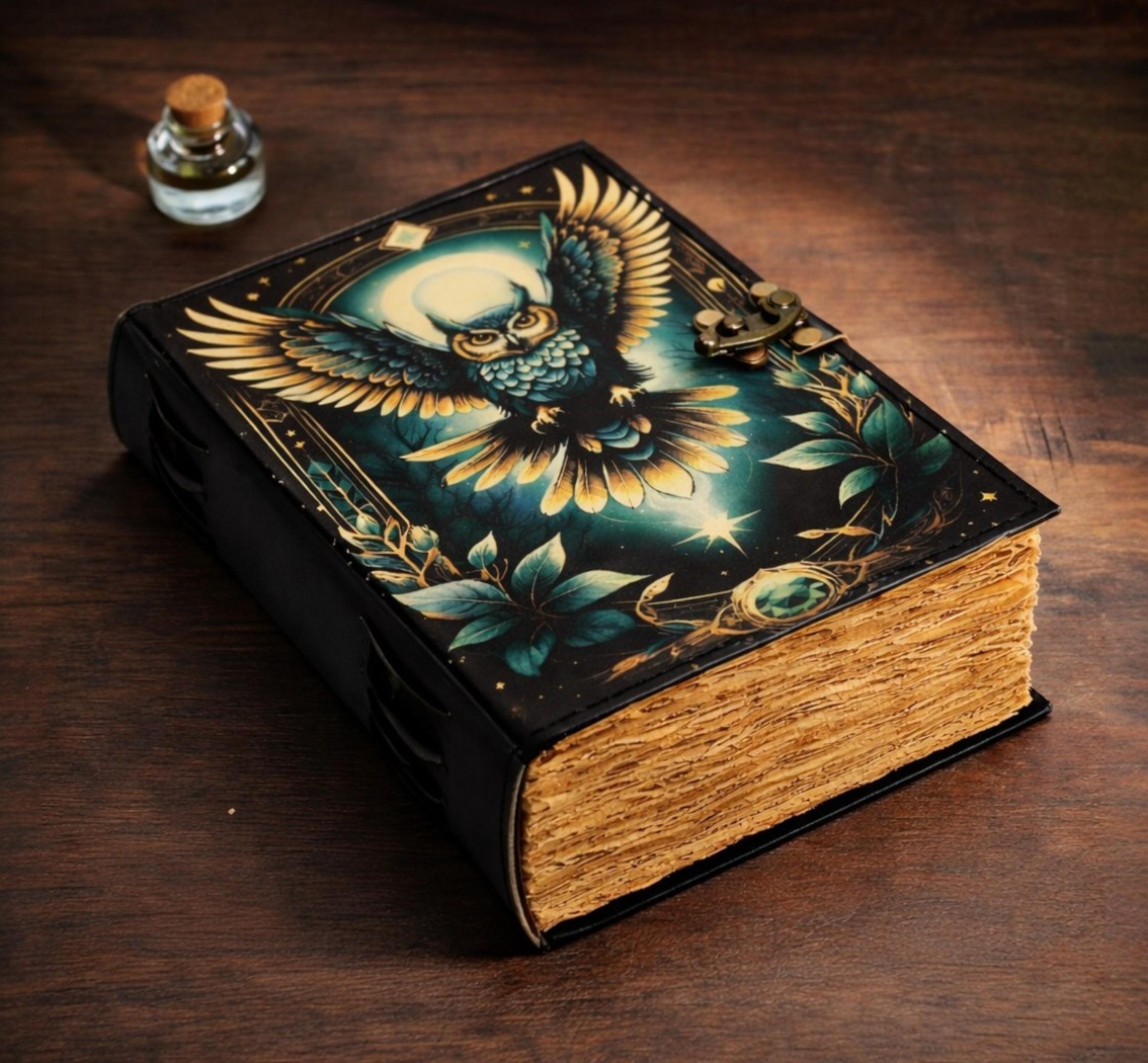 400 Page Owl Leather Journal, Personalised Fantasy Spellbook Grimoire Diary, Dark Academia, Book of 