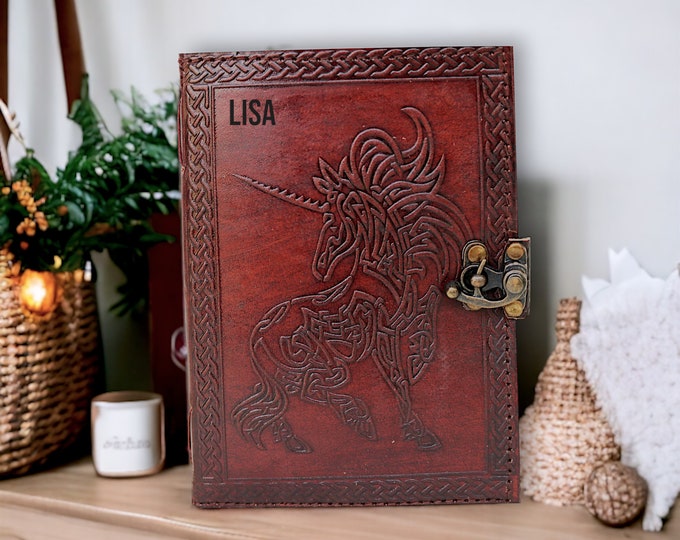 Personalized Unicorn Leather Journal: Mythical Sketchbook, Book of Shadows, Leather Diary, Guestbook, Vintage Travel Notebook, Sketchbook