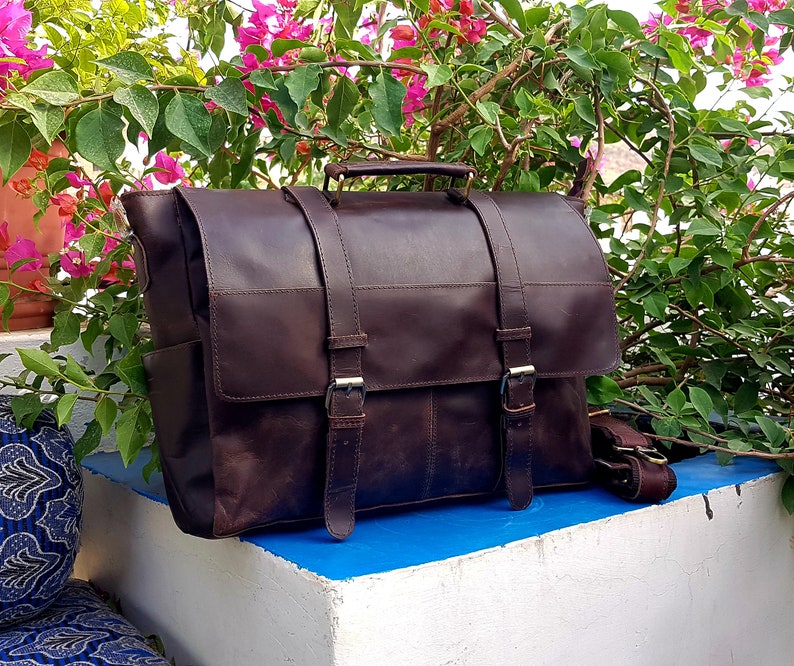 Personalized Genuine Leather Messenger Bag Laptop Bag Shoulder Bag for Women Gift for Men Office Bag Work Briefcase Large Satchel Rustic Bag image 2