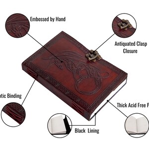 Characteristic or Feature of leather Journal reflected such as hand embossed, Coptic leather Binding, Black canvas hand stitched inner lining, convenient Metal clasp closure and no bleed through quality paper, mystical dragon.