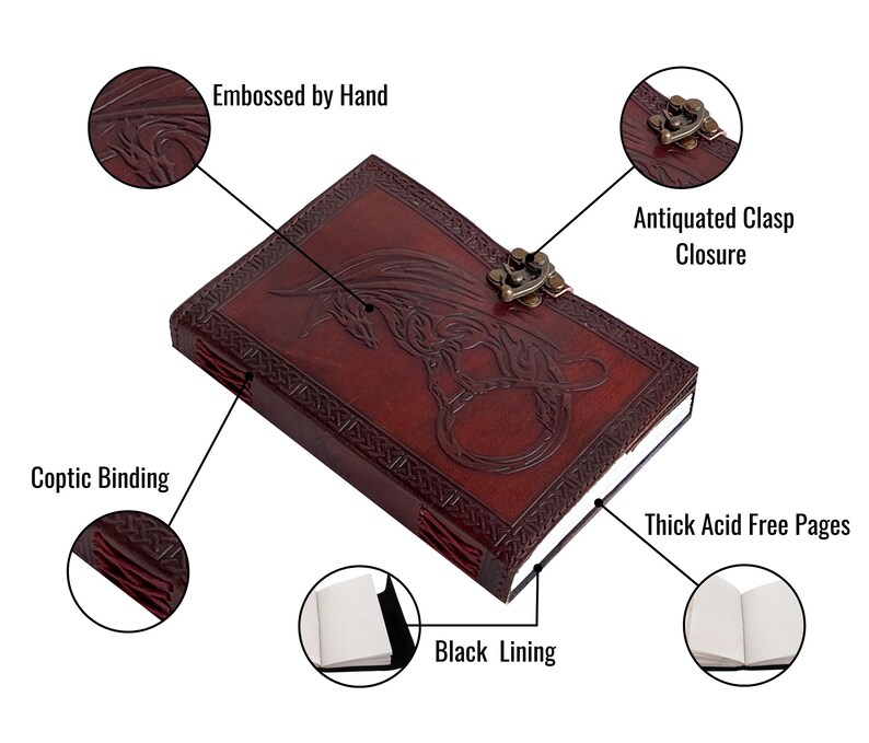 Characteristic or Feature of leather Journal reflected such as hand embossed, Coptic leather Binding, Black canvas hand stitched inner lining, convenient Metal clasp closure and no bleed through quality paper, mystical dragon.