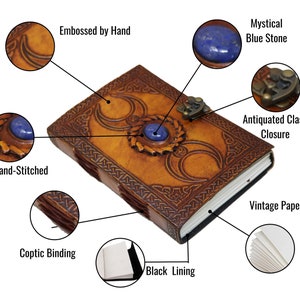 Characteristic or Feature of leather Journal reflected such as hand embossed, Coptic leather Binding, Black canvas hand stitched inner lining, convenient Metal clasp closure and no bleed through quality paper, 7 rare mystical stones.