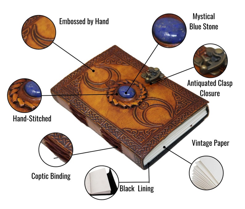 Characteristic or Feature of leather Journal reflected such as hand embossed, Coptic leather Binding, Black canvas hand stitched inner lining, convenient Metal clasp closure and no bleed through quality paper, 7 rare mystical stones.