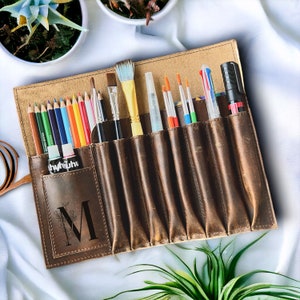 Personalised Brush Case, Gift for Artist, Roll up Pencil Case, Gifts for Painter, Leather Pencil Case, Leather Pen Organiser, Brush Holder