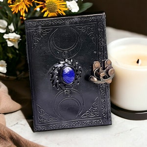 Personalised Triple Moon Leather Journal Blank Notebook Sketchbook Christmas Gift for Kids Stone Lock Diary Grimoire Book of Shadows Magic
