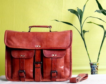 14" Leather Messenger Bag Laptop case Office Briefcase Gift for Men Computer Distressed Shoulder Bag
