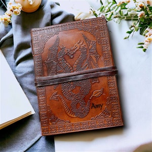 Personalised Double Dragon Leather Journal Blank Notebook Sketchbook Christmas Gift Kid Witch Diary Book of Shadow Grimoire Medieval Cosplay