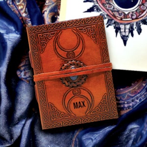 Personalised Triple Moon Leather Journal Blank Notebook Sketchbook Christmas Gift for Kids Stone Lock Diary Grimoire Book of Shadows Magic