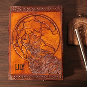 Personalized Wolf Moon Leather Journal Spell book Book of Shadows Grimoire Rustic Notebook Travel Diary sketchbook Gift for Witches, him/her