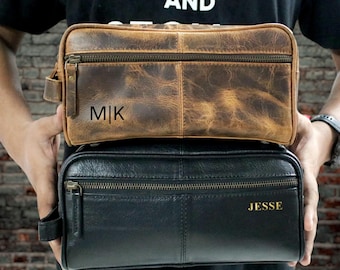 Borsa Da Toeletta Vintage In Pelle Marrone, Kit Da Viaggio Doppio, Custodia Da Barba Uomo