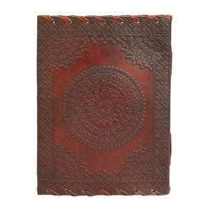Personalized refillable leather-bound journal, Scrapbook, Travelers diary, adventure journal, keepsake for memories, ledger, log, planner or organiser feature intricately designed Circular motifs on the back cover for vintage look.