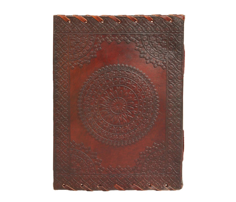 Personalized refillable leather-bound journal, Scrapbook, Travelers diary, adventure journal, keepsake for memories, ledger, log, planner or organiser feature intricately designed Circular motifs on the back cover for vintage look.