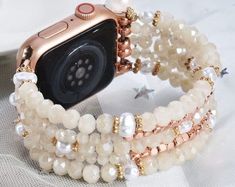 Cream Beaded Apple Watch Band Elastic Bracelet Light Weight  38mm 40mm 41mm 42mm 44mm 45mm Women Crystals Pearls IWatch Wristband Lava