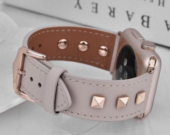 Leather Studded Band Compatible for Apple Watch Band 38mm 40mm 41mm 42mm 44mm 45mm Women Stainless Steel Fashion Pyramid IWatch Wristband