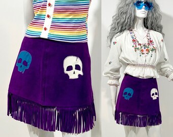 Vintage 60s 1970s Fringed Suede Mini Skirt // Biker Skull Leather Applique // Garage Punk // Psych // Hippie Rock