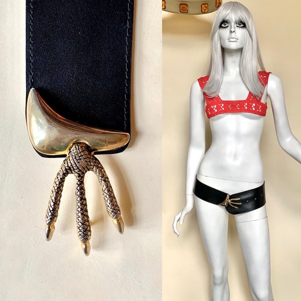 Vintage 1980s Asymmetric Wide Leather Belt by Stéfan / Surrealist Bird CLAW Buckle / 30s 40s Deco Disco / Glam Goth Victorian Witches Charm