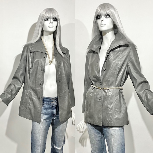 Veste en cuir de luxe gris acier vintage des années 1970 / Look années 30 40 / Empeigne à col ouvert / Poupée déco disco