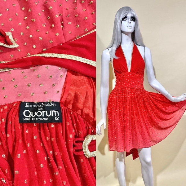 Vintage 1970s TERENCE NOLDER for QUORUM Glam Rock Halter Neck Mini Dress / Gold Tinsel Polka Dots / Red to Pink Ombré / 50s Marilyn Monroe