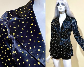 Vintage 1970s Yellow Stars on Black Liquid Satin Blazer / Glam Rock / Round Butterfly Lapel / Chelsea Girl / Bus Stop / Mr. Freedom