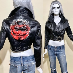 Vintage 1970s Crop Leather Jacket / Butterfly Lapel / Studded Hells Angel Demonic Biker / Glam Rock Devil Appliqué / Unisex 70&#39;s Goth
