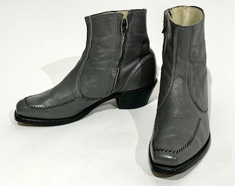 Vintage 1970s WRANGLER Zip Up Beatle Boots / Steel Grey / Whipstitch / Western / Country / Hippie / Midnight Cowboy / Disco / Rock n' Roll