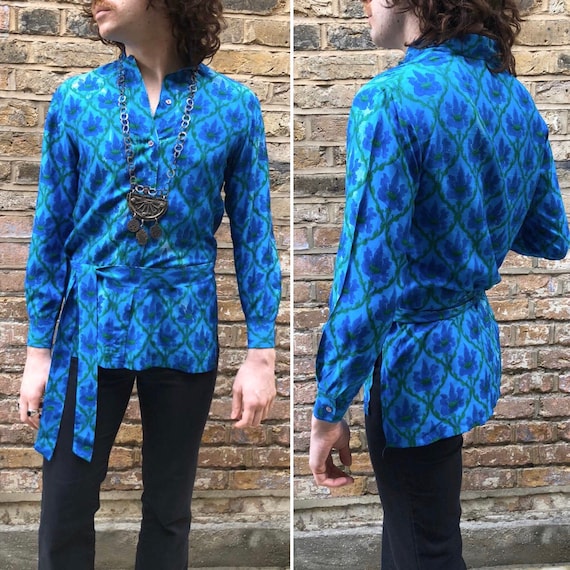 1960s 70s silk psych shirt / tunic / hand print om
