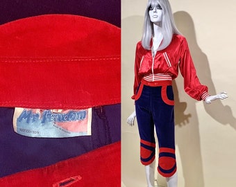 Vintage 1970s MR. FREEDOM Purple & Red Crop Velvet Baseball Trousers / Diana Crawshaw '71 design / Knickerbockers / Glam Rock