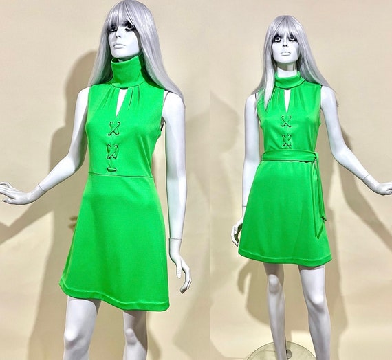Vintage 1970s Vivid Green Go-Go Mini Dress / Mod … - image 1