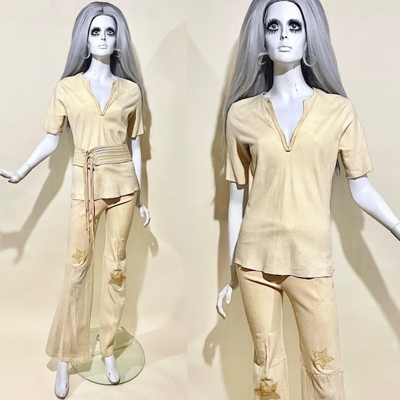 Vintage 1960s 70s CORDOBA Boutique Buckskin Suede Flared Suit / Belt Tunic & Kick Flares / Worn-in Posh Hippie / Star Patches / Unisex View 2